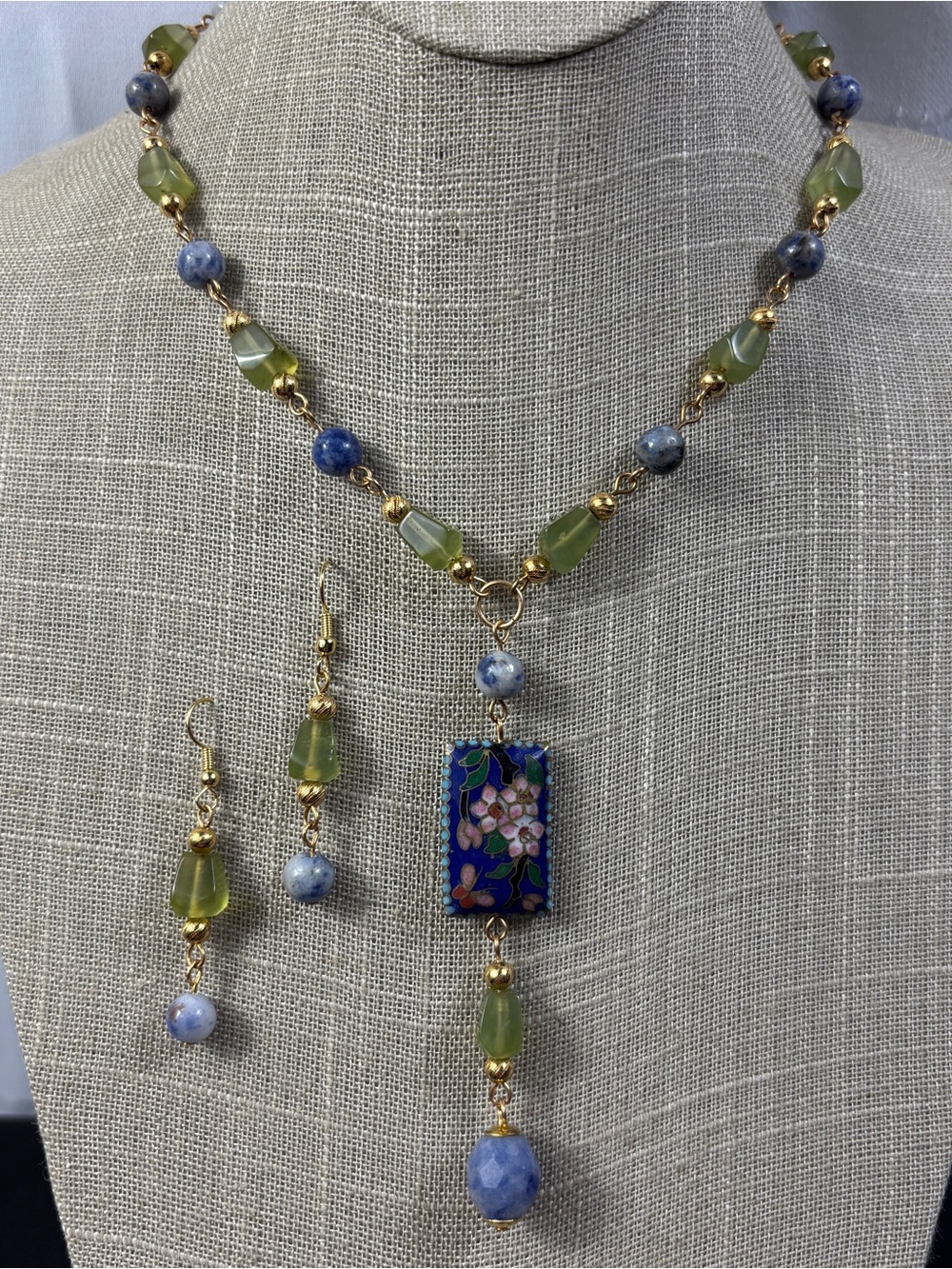 Y-Drop Handmade Upcycled Necklace Vintage Cloisonne' Blue Green 17" to 20"
